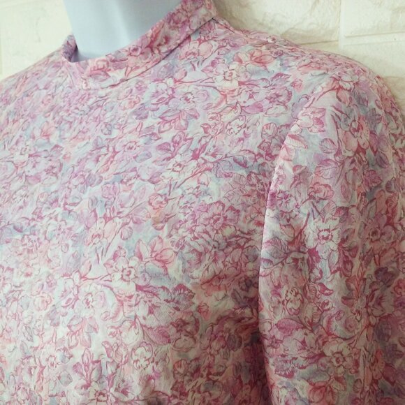 Vintage 60s Handmade Floral Blouse Top S-6 Mockneck LSL Metal Back-Zip Polyester - Picture 3 of 11